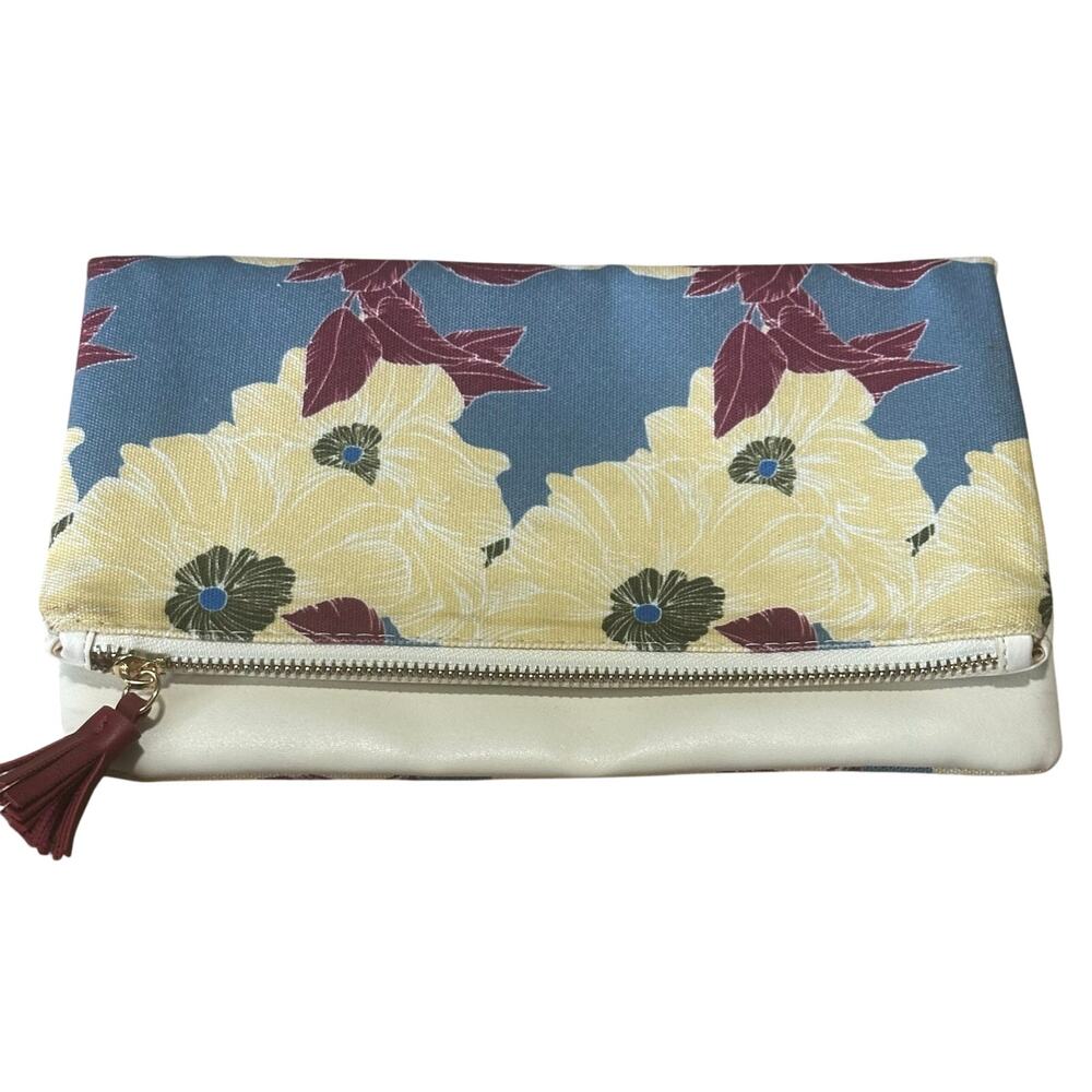 Rachel Pally Bloom White Floral Print Reversible Tassel Zip Vegan Leather Clutch